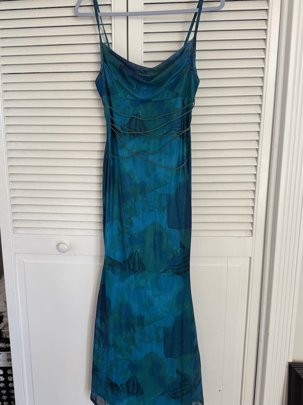 Teal Cowl-Neck Slip Midi Dress with Spaghetti Straps